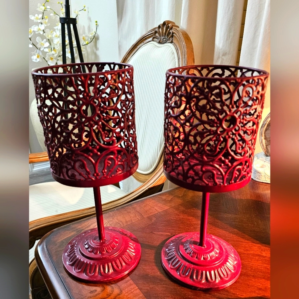Set of Two Metal Ornate Pedestal Large Candle Holder Marroon Dark Red EUC - Picture 2 of 10